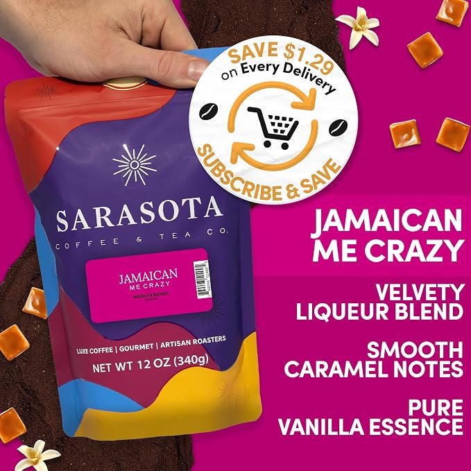 Jamaican Me Crazy Ground Coffee | Tropical Flavored Coffee Medium Roast | Vanilla Caramel Rum Inspired Flavor | Gourmet Specialty Grade | 12 oz