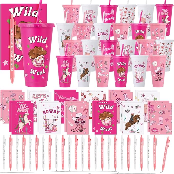 Feifeiya 72 Pcs/ 24 Set Cowgirl Cups Set 24 oz Staff Pink Tumbler with Lids and Straws Inspiration Ballpoint Pens Bulk for Cowgirl Party Favors Rodeo Party Birthday Decoration Supplies