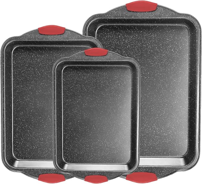 Anveena 3-Piece Nonstick Kitchen Oven Baking Pans - Premium & Stylish Non-Stick Steel, Commercial Grade Restaurant Quality Metal Bakeware with Red Silicone Handles - Easy to Clean black