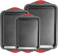 Anveena 3-Piece Nonstick Kitchen Oven Baking Pans - Premium & Stylish Non-Stick Steel, Commercial Grade Restaurant Quality Metal Bakeware with Red Silicone Handles - Easy to Clean black