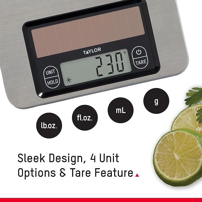 Taylor Light Powered Digital Kitchen Scale, Light Energy Scale with Stainless Steel Platform, Light Powered Panel with Endless Power, No Batteries Needed, Energy-Saving, High 11lb Capacity, Silver