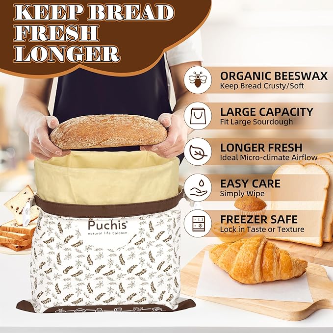 Beeswax Bread Bags for Homemade Bread & Sourdough, Elegant 2-Pack XL Reusable Cotton Bread Storage Bags, Beeswax Lined, Freezer Safe 17×13 in – PUCHIS | Breathable cotton