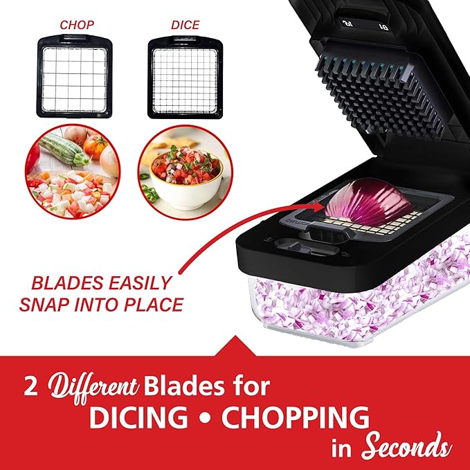 Brentwood All-in-One Food & Vegetable Chopper, Mandoline Slicer, and Cheese Grater with 4.25-Cup Storage Container and 8 Interchangeable Stainless Steel Blades (Black)