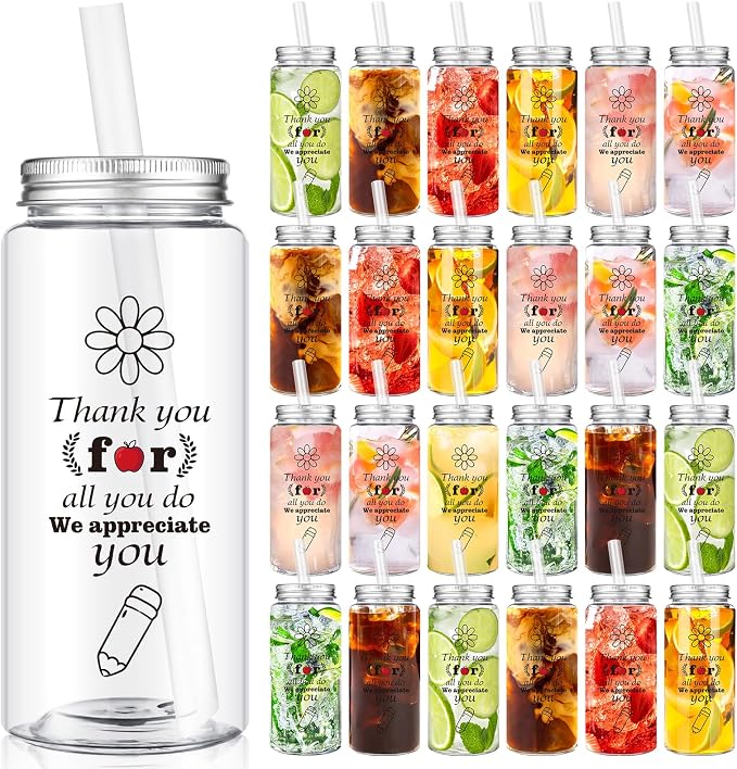 Skylety 24 Pcs Teacher Cups Bulk, Back to School Gifts 14 oz Reusable Plastic Cup with Lids and Straws We Appreciate All That You Do for First Day of School Party