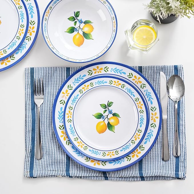 12-Piece Melamine Dinnerware Set - Unbreakable Lemon Dish Set， Indoor and Outdoor Plates and Bowls Sets for Housewarming, Birthday & Holiday Gifts， Service for 4 （Lemon）