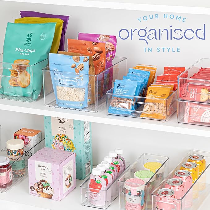 primebox 6 Pack Clear Plastic Organizer Bins with Handles for Home Organization. Storage Containers for Organizing Fridge, Freezer, Cabinet. Pantry, Great for Kitchen, Garage, Laundry Room. 10"x8"x5"