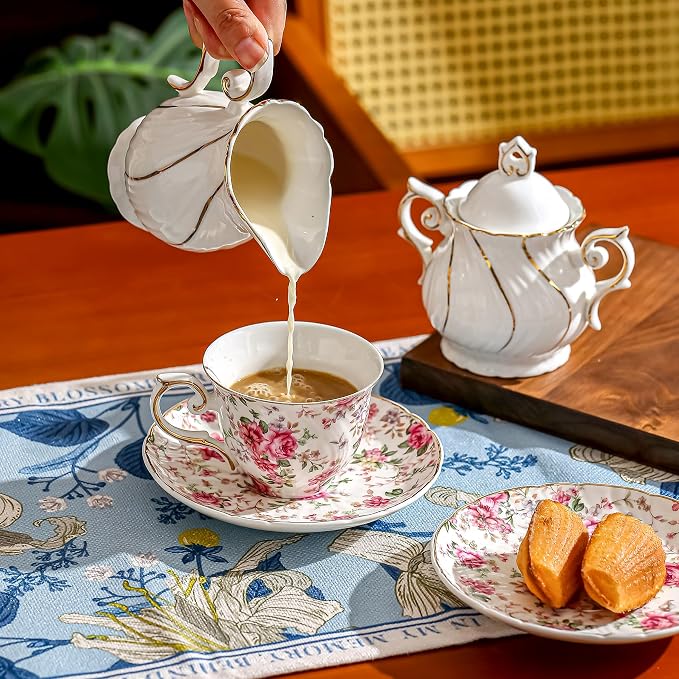Agyiuns tea cups and saucers ceramic coffee mug 6oz for Coffee, Latte, Cafe Mocha and Tea-Set of 4 (Big flowers-Set of 4)