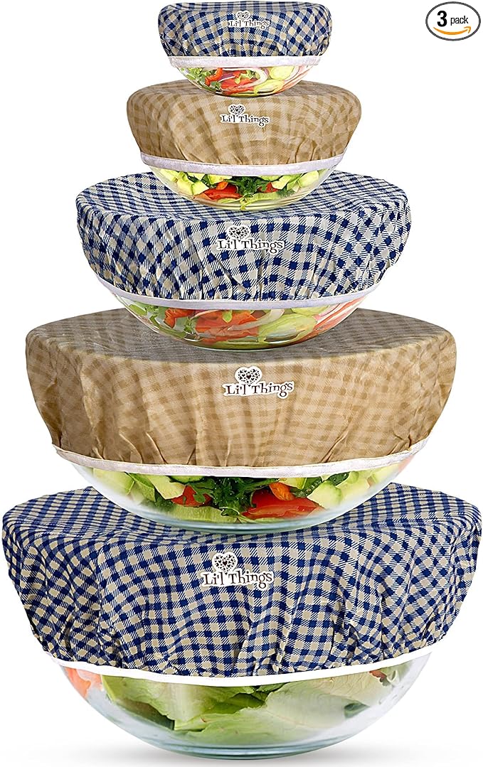 Beeswax Bowl Covers Set of 5 (XS–XL) – Reusable Elastic Food Covers for Bowls – Organic Cotton with Beeswax, Washable & Plastic-Free | Li’l Things – Checkered Plaid