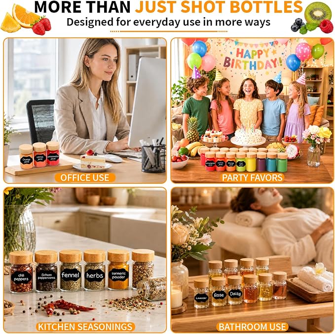 40 Pack 2 oz Glass Shot Bottles with Bamboo Lids and Labels | Clear borosilicate glass shows fresh drinks, with leak-resistant seal and wide mouth for juicing, fridge and travel