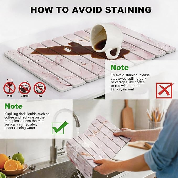 Stone Drying Mat for Kitchen Counter, Quick Diatomaceous Earth Mats for Dishes, 23.6"L x 15.7" W Super Absorbent Fast-Drying Collapsible Countertop Stone Mat (Marble White-07, 24" x 16")