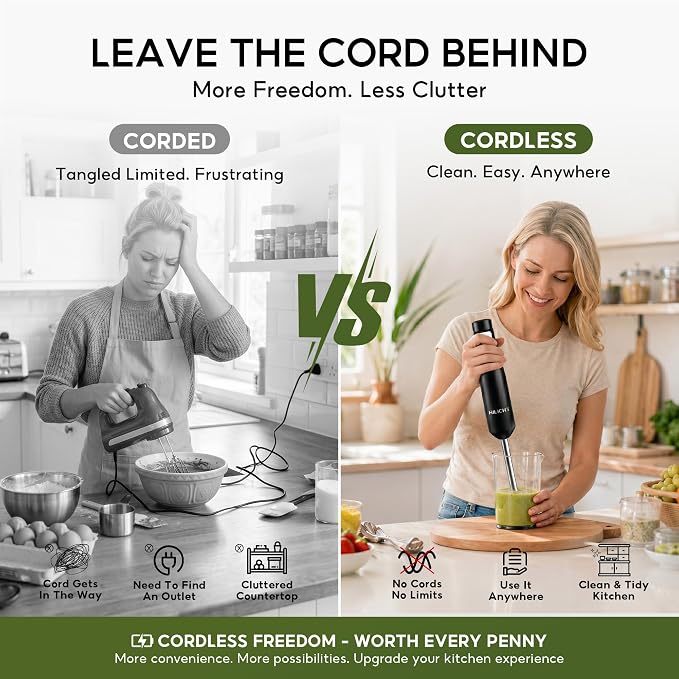 Cordless Immersion Blender, 3-in-1 Hand Blender with Charger | Blend Anywhere: Wall Charger, Brushless Motor, Whisk & Frother, 60+ Bowls, Smoothies, Soup, Baby Food