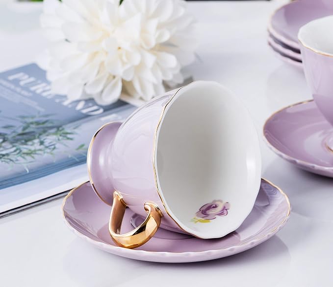 Jusalpha® Porcelain Tea Cup and Saucer Coffee Cup Set with Saucer and Spoon Set of 6 (FD-TCS02 purple (6), 7oz)