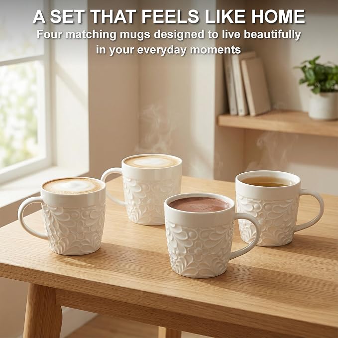 25DOL 16 oz Ceramic Coffee Mugs Set of 4 – Embossed Nature-Inspired Design, Comfortable Grip Handle – Large Latte & Tea Cups, Modern Farmhouse Style – Microwave & Dishwasher Safe