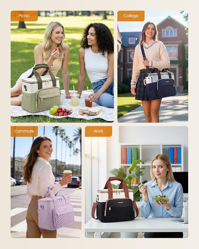 LOVEVOOK Lunch Bag Women, Insulated Wide Opening Adult Lunch Box for Women Work with Cup Holder, Large Lunch Cooler Tote Bag with Utensils Pocket for Office Campus Picnic Beach Mom Nurse Family