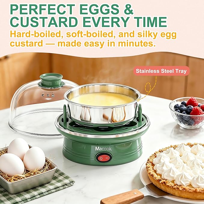 Macook Electric Egg Cooker for Easter, 7 Egg Capacity with Auto Shut-Off, Spring Green Hard Boiled Egg Maker, Ideal Easter Gift for Egg Decorating, Includes Measuring Cup