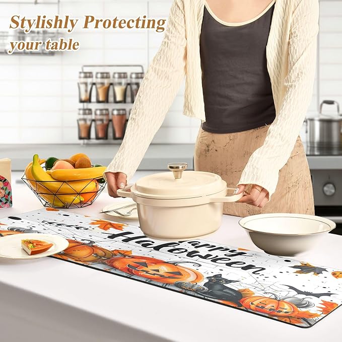ALAZA Halloween Pumpkins Black Cat Trivet Table Runner 40 Inches Long Trivet for Hot Pots and Pans/Hot Dishes,Table Protector Heat Up to 230F, Decorative Hot Plates Mat for Kitchen Countertop