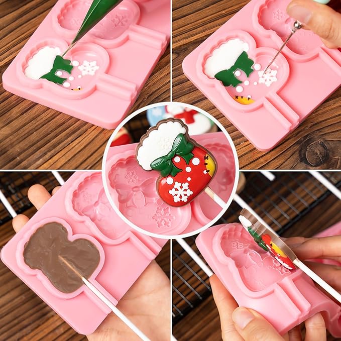 KALAIEN 2 Pack Christmas Lollipop Molds Set, Christmas Silicone Molds Candy Gummy Mold for Chocolate with 100pcs Lollypop Sucker Sticks