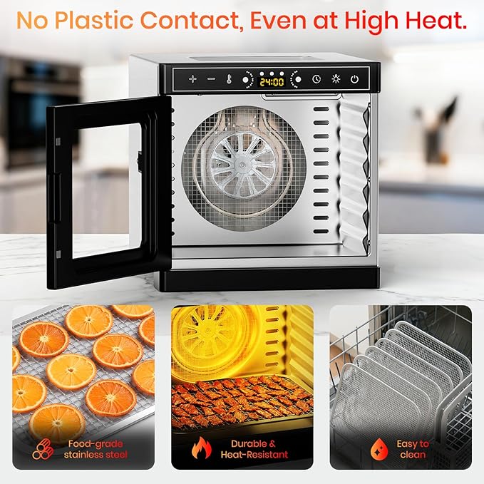 Food Dehydrator Machine, 6 Stainless Steel Trays Fruit Dehydrator with Visible Skylight, 195°F Meat Dehydrator for Jerky, Pet Treats, Herbs, Fruit and Yogurt, Silver