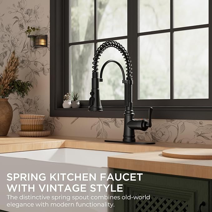 FORIOUS Black Kitchen Faucet with Pull Down Sprayer, Stainless Steel Single Handle Spring Antique Kitchen Sink Faucet with Deck Plate for 1 or 3 Holes, Sutiable for Farmhouse, RV, Camper, Wet Bar