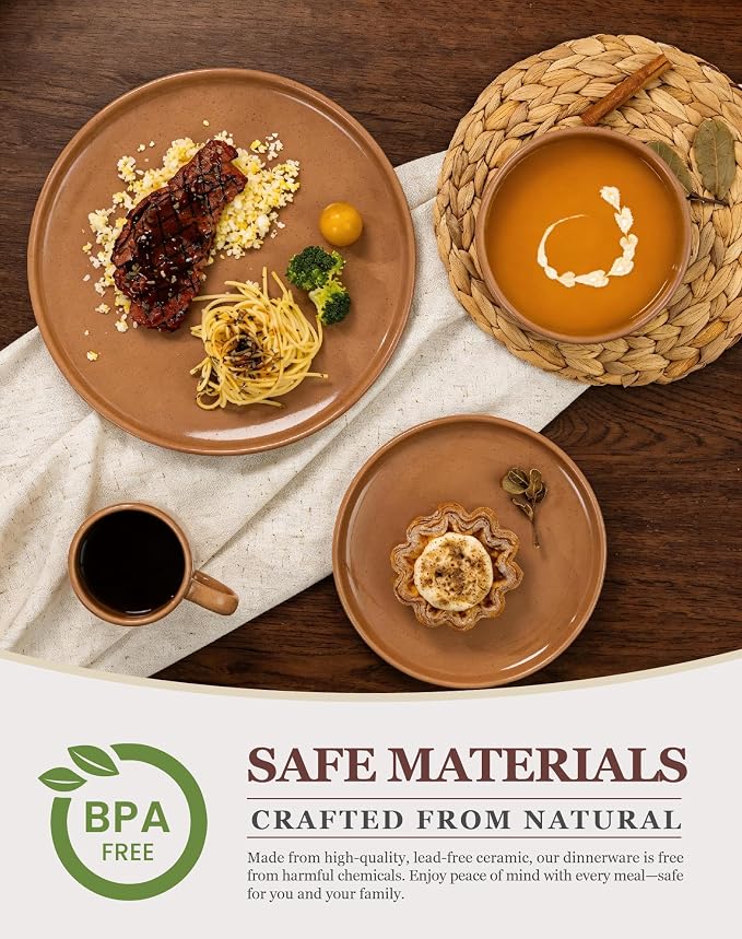 OTAGO 16-Piece Brown Stoneware Dinnerware Set for 4 with Mugs, Plates and Bowls Sets with Partially Unglazed Base, Scratch Resistant Ceramic Dish Set, Microwave & Dishwasher Safe for Kitchen