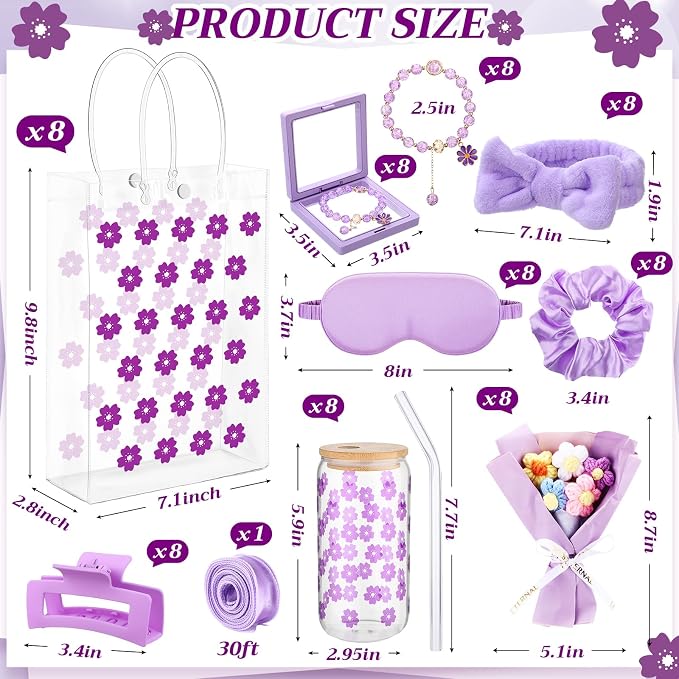 Vesici 73 Pcs Spa Sleepover Party Supplies Bulk Women 8 Sets Slumber Birthday Bridesmaid Gift Crochet Flower Glass Cup Eye Mask Hair Ties Gift Bag Bracelets Scrunchies Headband(Cherry Blossoms,Purple)