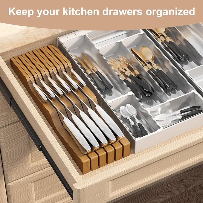 In-Drawer Knife Block Organizer - Bamboo Wood Drawer Knife Organizer-Protecting Knife Organizer Block (Not Included) (Brown, 11 Knives Dock)
