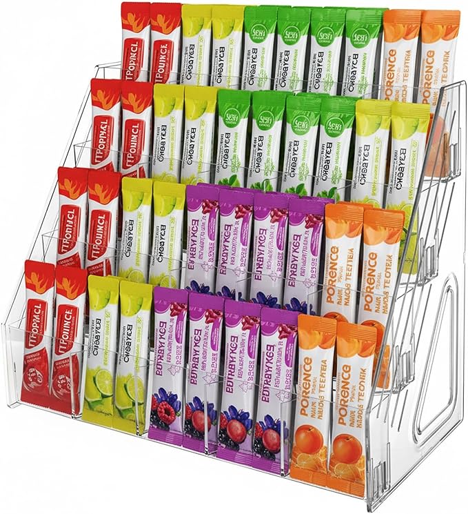 4-Tier Acrylic Drink Packet Organizer with 20 Compartments, Sugar Packets Drink Mix Organizer, Water Flavor Packet Holder for Kitchen Pantry Cabinet Storage Coffee Station