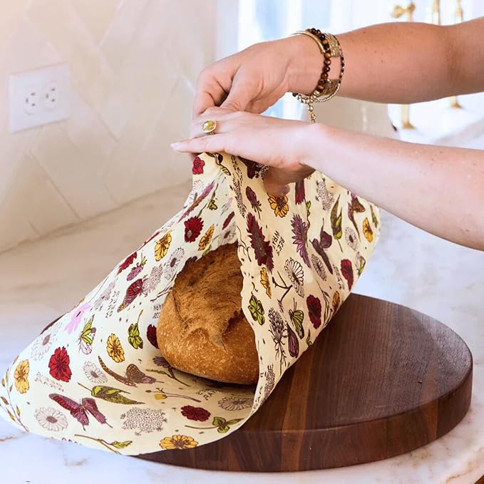 Bee's Wrap Beeswax Wraps for Food - Pack of 2 Bread Wraps - Meadow Magic & Honeycomb - Plastic Free Made in USA Reusable Bread Storage Bags - Organic & Sustainable Sourdough Bags