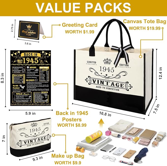 YeohJoy 81st Birthday Gifts for Women Canvas Tote Bag Travel Gear, Unique 81st Years Old Gifts for Mom Grandma Aunt Wife Sister Friends Her, Vintage 1945 Handbag & Makeup Bag & 81st Birthday Card