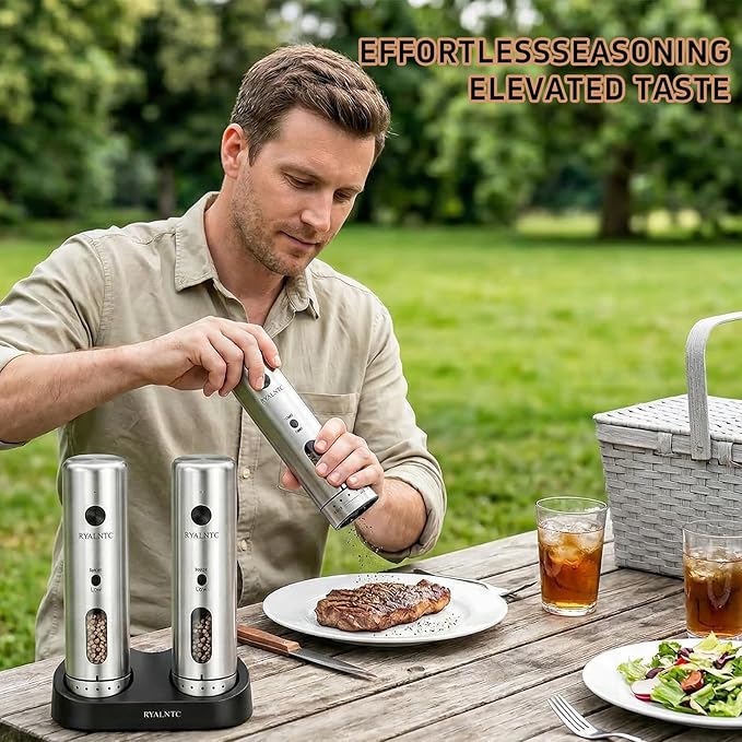 Electric Salt and Pepper Grinder Set with Rechargeable Base Upgraded Stainless Steel Automatic Salt and Pepper Shakers,Upgraded 2-Speed Setting,External 6 Adjustable Coarseness with LED Light