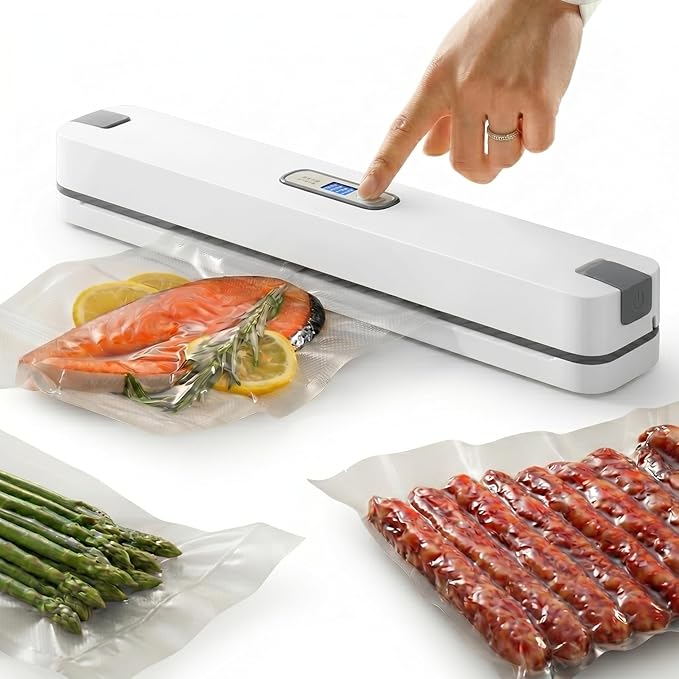 ROOM127 Vacuum Sealer Machine, Easy to Use Compact Food Sealer for Home Kitchen Storage & Meal Prep, 60kPa Automatic Dry & Wet Modes for Meat & Fresh Food, 20 Starter Bags Included White