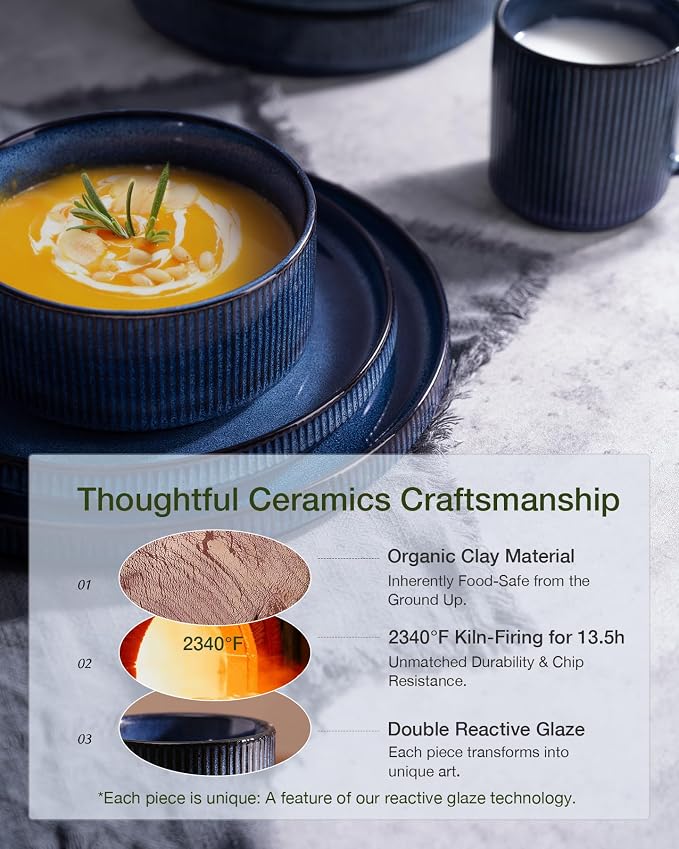 Famiware Star 24-Piece Stoneware Dinnerware Sets, Service for 6 - Reactive Glaze Mugs, Plates and Bowls, Dishes for Everyday/Formal Use, Chip/Scratch Resistant, Microwave/Dishwasher Safe, Nebulas Blue