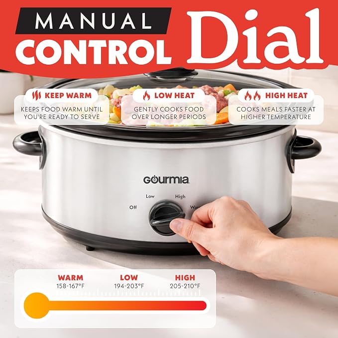 Gourmia Slow Cooker - 6 Quart Removable Ceramic Pot, Manual Controls with 3 Temperature Settings, Dishwasher Safe Crock and Glass Lid, White