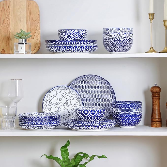 Selamica Ceramic Plates and Bowls Sets,24 Pieces Dinnerware Sets for 8,Scratch Resistant Dish Set for family gathering,Dishwasher & Microwave Safe, Vintage Blue