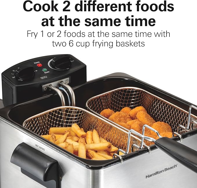 Hamilton Beach Professional Style Electric Deep Fryer With 2 Baskets | 4.5 Liter / 19 Cup Oil Capacity | 1800 Watts | Lid With View Window | Easy Detach Magnetic Cord | Stainless Steel | 35036