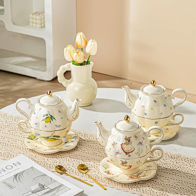 Domini Teapot cup combo,Teapot and Teacup for One,Tea Cup and Saucer Set-Tea Pot Set Gift for Girl Women,Rabit