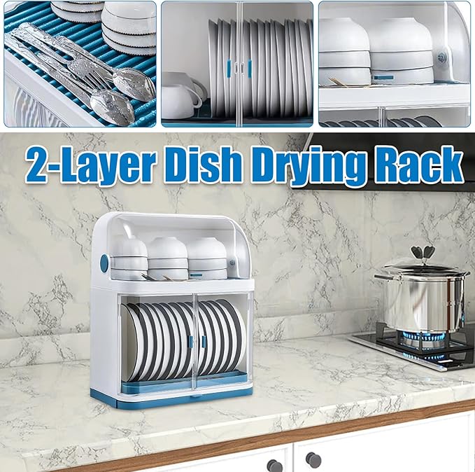 2 Tier Dish Drying Rack with Cover, Plastic Kitchen Plate Cup Dish Drying Rack， with Removable Drain Board, for Dish/Knifes/Cup, Blue, White