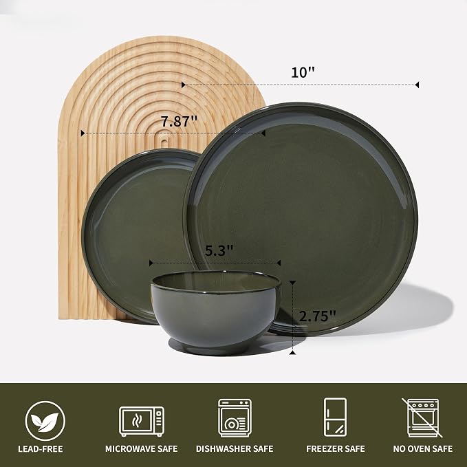 Pokini Santorini Mist Terracotta Reactive Glaze Plates and Bowls Sets, Stoneware Dinnerware Sets, Microwave and Dishwasher Safe Ceramic Dish Set Service for 4, Blackish Green