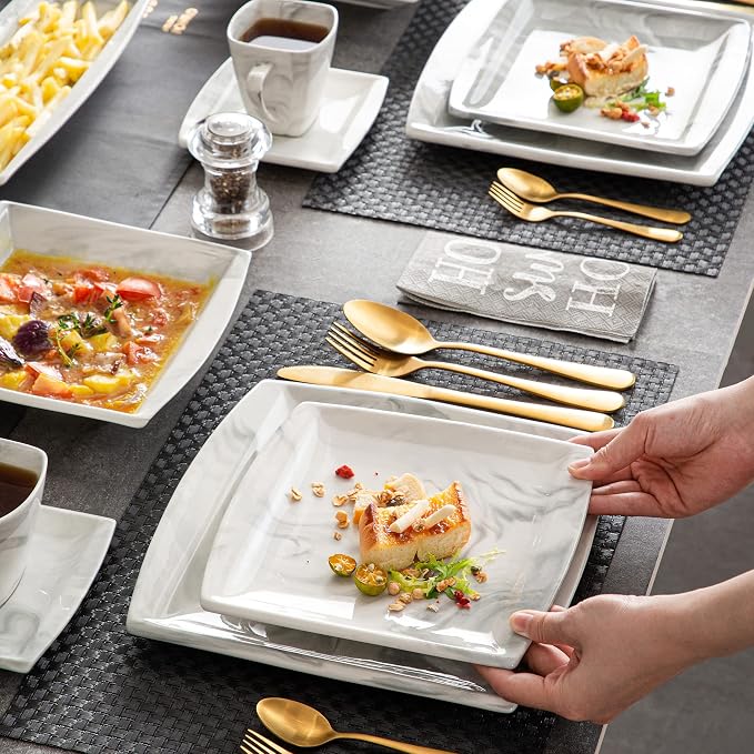 MALACASA Dinnerware Sets, 32 Pieces Porcelain Plates and Bowls Sets for 6, Marble Grey Dishes with Plates and Bowls, Cups and Saucers, Side Dish Plates, Square Dinner Set, Series Blance