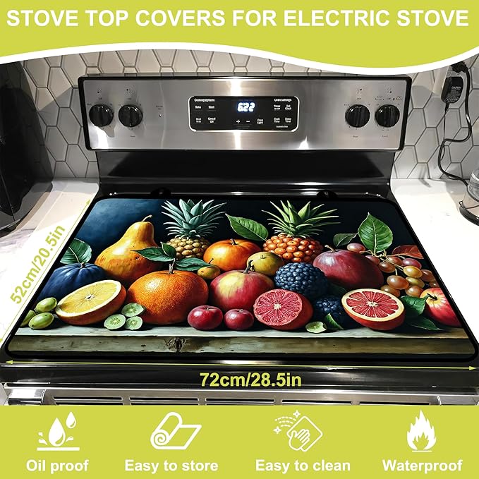 Glass Stove top Cover 28"x 20", Stove Top Covers for Electric Stove, Flat Range Mat for Glass Cooktop, Kitchen Heat-Resistant Protector Non-Slip Drying Mat (Assorted Fruits)