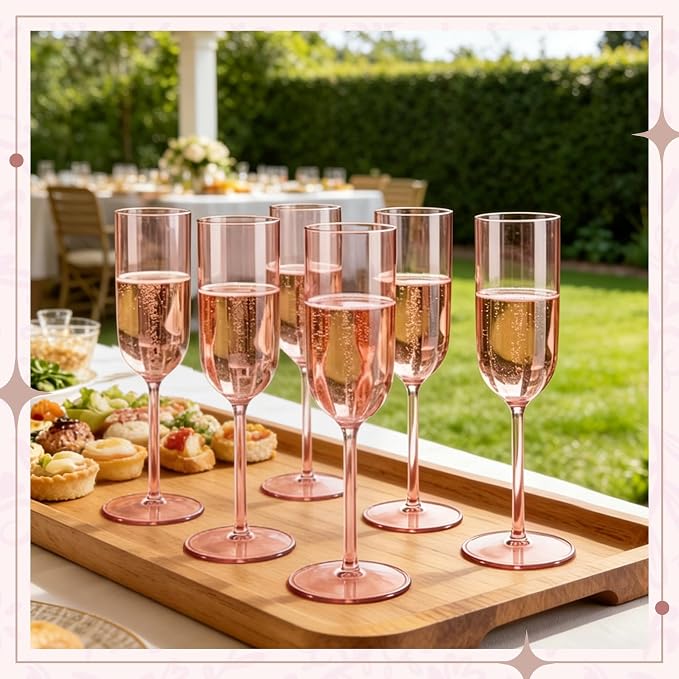 Plastic Champagne Flutes Set, 6oz Unbreakable Champagne Glasses Bulk, Shatterproof Reusable Mimosa Prosecco Sparkling Wine Cups for Wedding Party (Rose Gold, 12pcs)