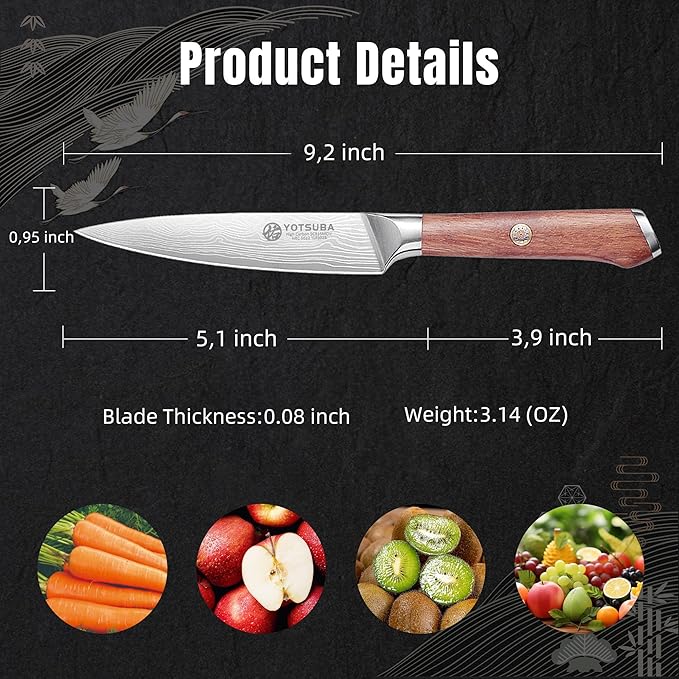 YOTSUBA Utility Knife,5 Inch Petty Kitchen Knife, Forged High Carbon German Steel chef knives, Paring knives, Full Tang & Razor Sharp Ergonomic Handle Design