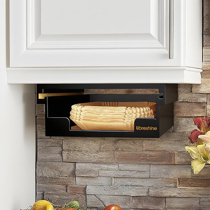 Libreshine 6/8/9 Inch Air Fryer Liner Dispenser, 8/9/10 Inch Paper Plate Holder Under Cabinet, Bamboo Kitchen Storage Organizer for Shelf and Countertop Black