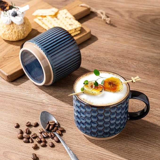 GBhome 12OZ Stackable Coffee Mugs with Stand, Ceramic Coffee Mugs with Texture Patterns for Man,Woman,Dad,Mom, Modern Coffee Cups Set of 4 for Latte/Cappuccino/Cocoa. Dishwasher&Microwave Safe