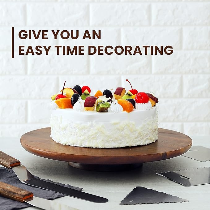 TIDITA 13" Acacia Cake Stand Rotating – Rustic Wood Turntable Pedestal Stands – Wooden Spinning Tables for Food Serving - Round Cake Decorating for Cupcake Dessert Display in Party, Wedding, Birthday