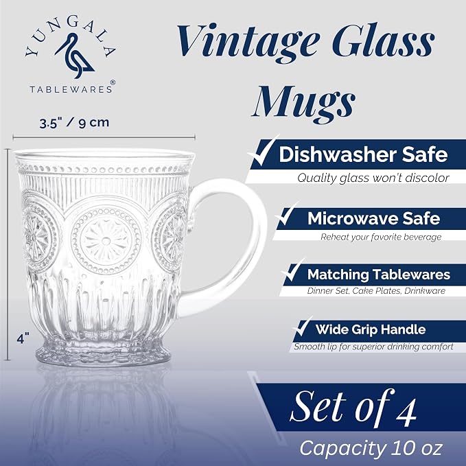 Vintage Glass Mugs Set of 4 – 10oz Vintage Coffee Mugs or Pressed Glass Tea Cup with Sunflower Design, Clear Tea Cup, Perfect for Affogato or boujee entertaining, Dishwasher Safe, Lead-Free