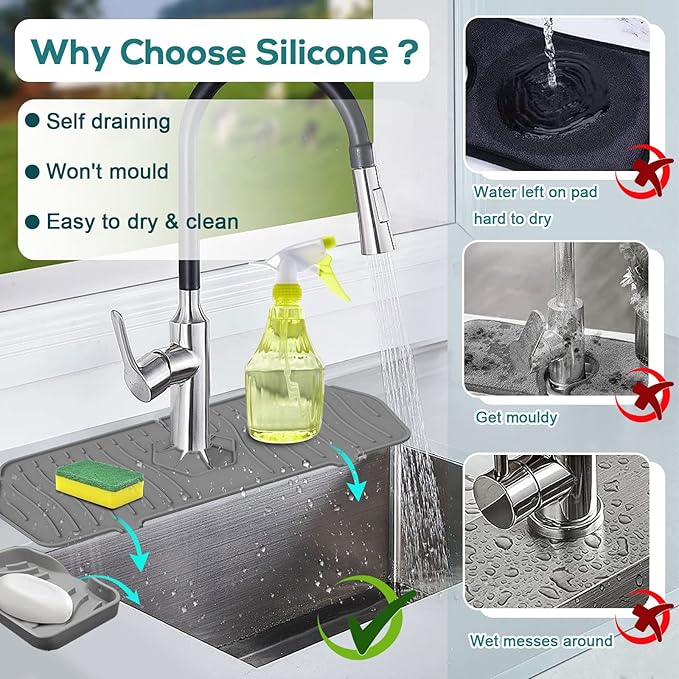 4 PCS Kitchen Sink Splash Guard and Soap Tray, Silicone Faucet Guard Mat Faucet Splash Catcher Sponge Holder with Drain Spout, Keep Kitchen Bathroom Sinks Countertop Soap Dry (grey)