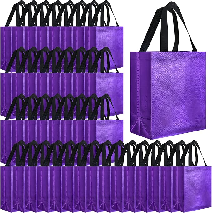 Eccliy Reusable Gift Bags Set Glossy Grocery Gift Tote Bag with Handle for Wedding, Bridal Shower, 4th of July, Summer Event(10 x 8 x 4.7 Inch,Purple with Black Handles,80 Pcs)