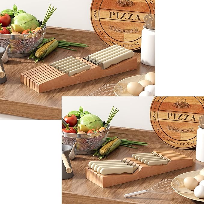 In-Drawer Knife Block Organizer - Bamboo Wood Drawer Knife Organizer-Protecting Knife Organizer Block (Not Included) (Natural, 7 Knives Dock)