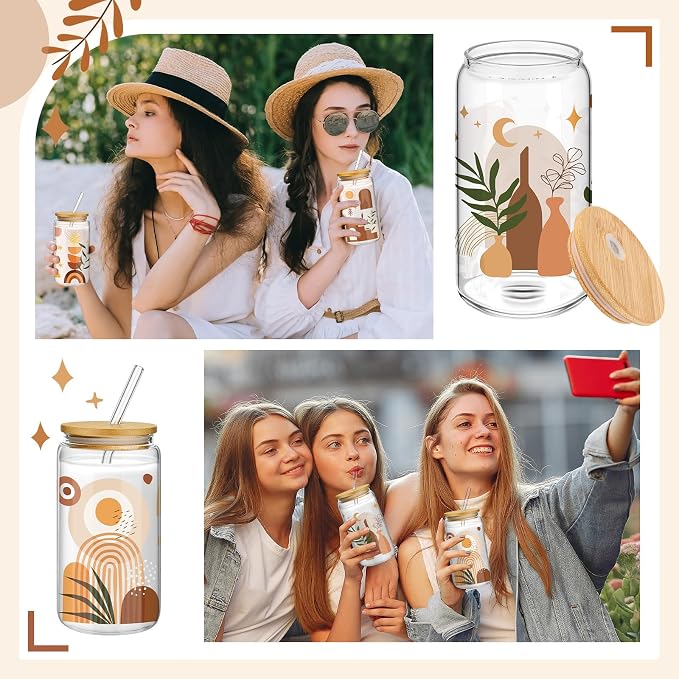 Mumufy 4 Pack Wildflower Glass Cups Gift Aesthetic Cute Glass Cup Tumbler Flower Iced Coffee Mugs 16 oz with Bamboo Lid & Straw, for Wedding Birthday Bridesmaid Mom Baby Shower